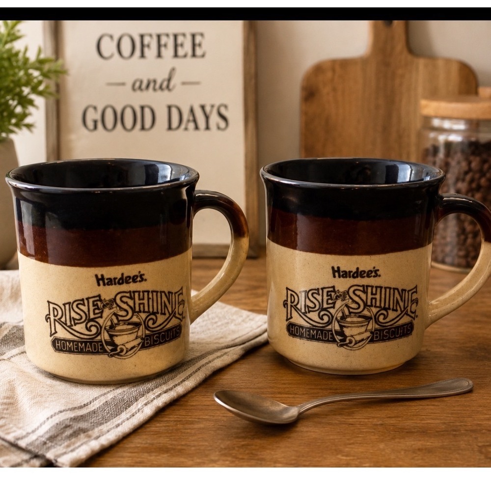 Vintage Hardees Rise and Shine Homemade Biscuits Coffee Mugs Set 2 Brown Ombre